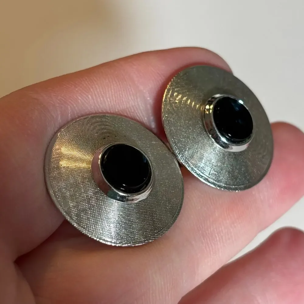 Mid Century silver textured round cufflinks with black enamel centers vintage